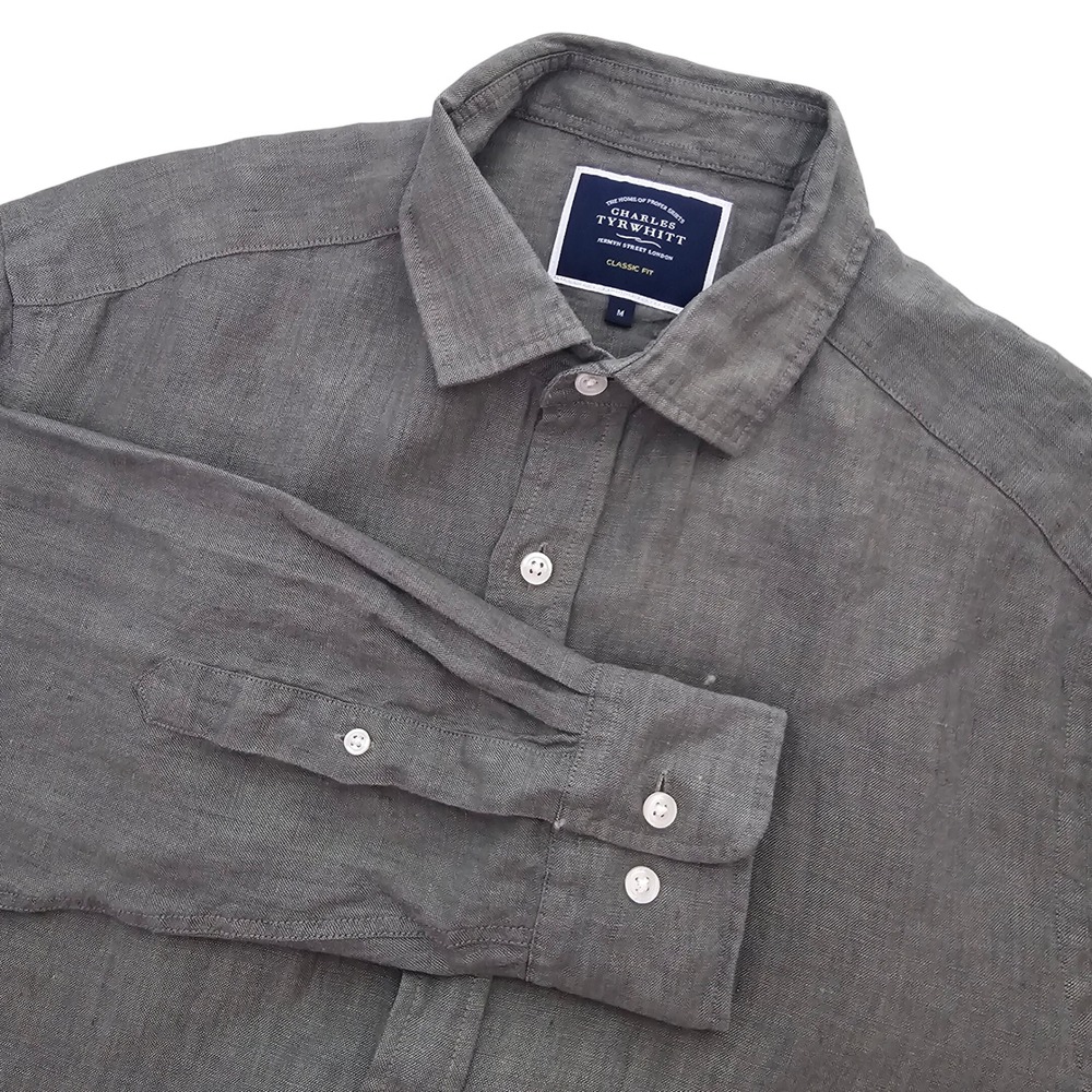 Charles Tyrwhitt M Gray 100% Linen Button Up Shirt Classic Fit Preppy Natural